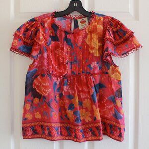 FARM Rio Red Floral Short-Sleeve Blouse with Yellow & Blue Accents